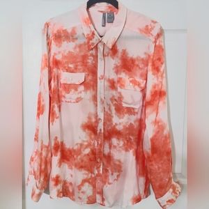 Womens Blouse by New Directions Tangerine Tie Dye Top Button down Size XL